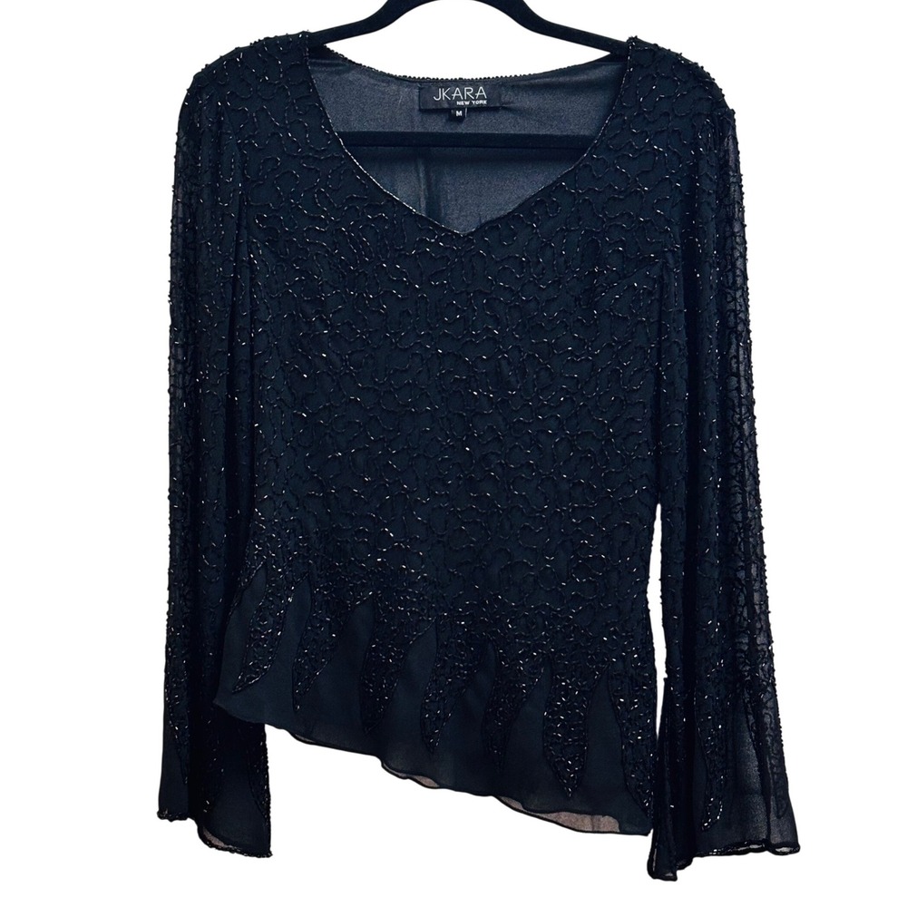 J Kara New York Black Beaded Asymmetrical V-Neck‎ Blouse Bell Sleeve Medium